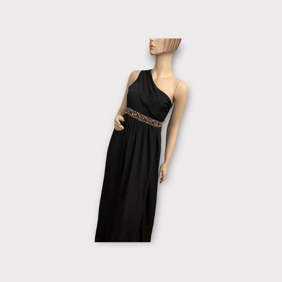 ASOS Maternity Black One Shoulder Maxi Dress Sz 4 Beaded Waist - Picture 2 of 8